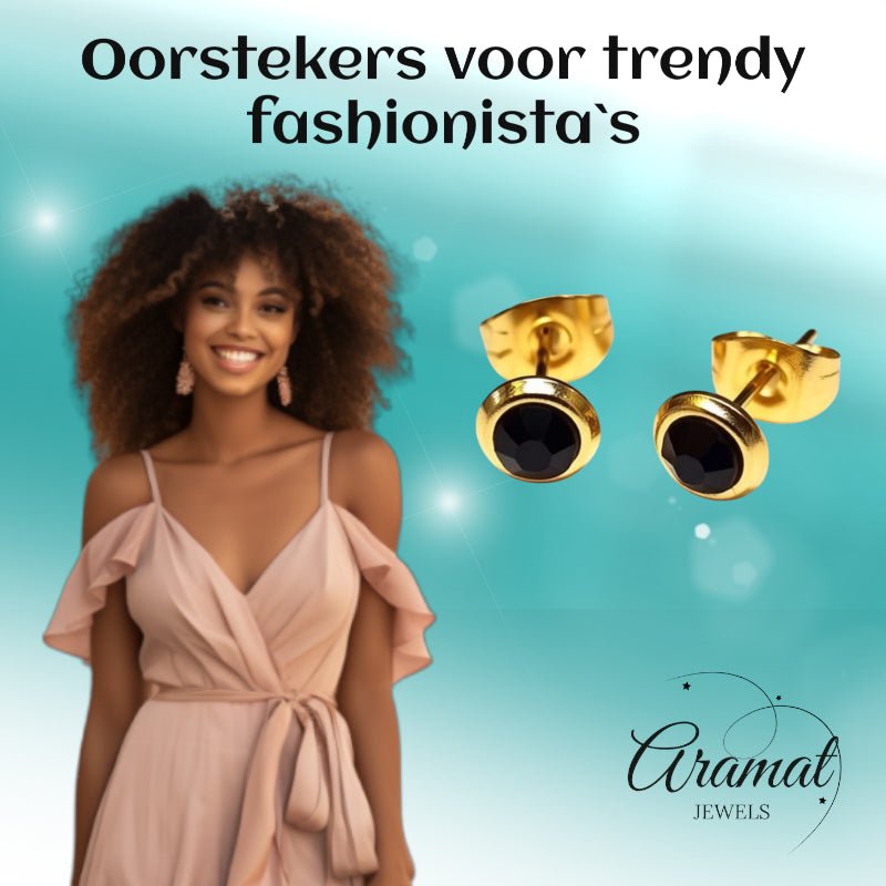 RVS Oorbellen Zwarte Kristal Goudkleur Rond 6mm - Elegante Oorstekers - Aramat Jewels - Oorbellen - cadeautip
