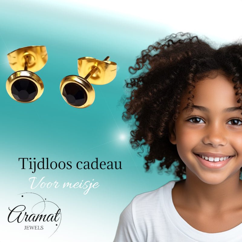 RVS Oorbellen Zwarte Kristal Goudkleur Rond 6mm - Elegante Oorstekers - Aramat Jewels - Oorbellen - cadeautip