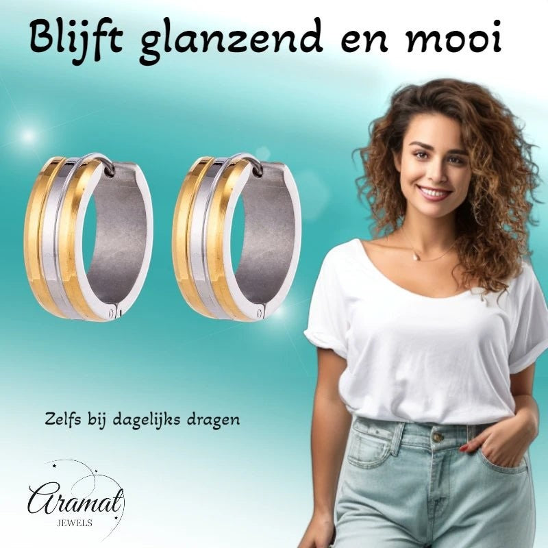 RVS Oorringen Bicolor Streep Goud Zilver 20mm - Dames - Aramat Jewels - Oorringen - cadeautip