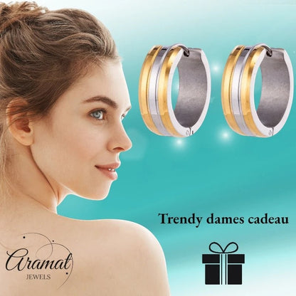 RVS Oorringen Bicolor Streep Goud Zilver 20mm - Dames - Aramat Jewels - Oorringen - cadeautip