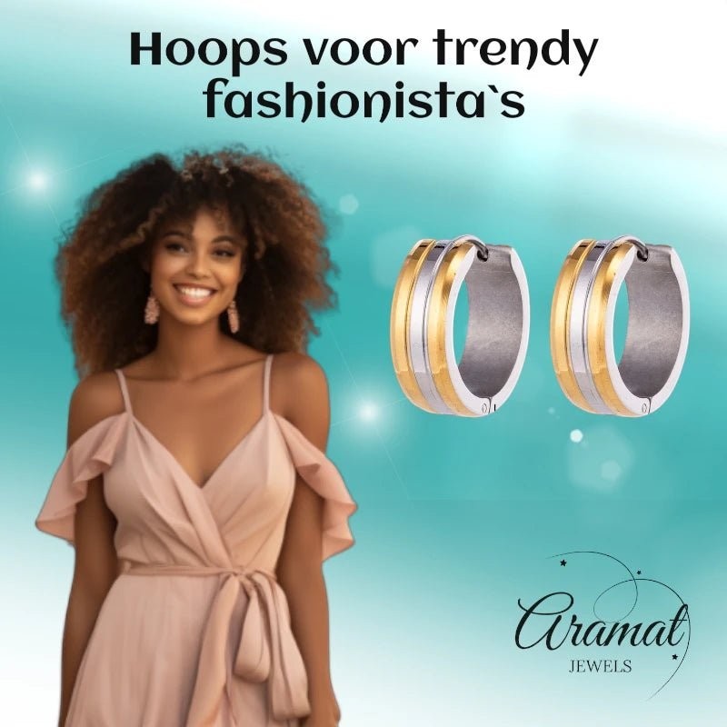 RVS Oorringen Bicolor Streep Goud Zilver 20mm - Dames - Aramat Jewels - Oorringen - cadeautip