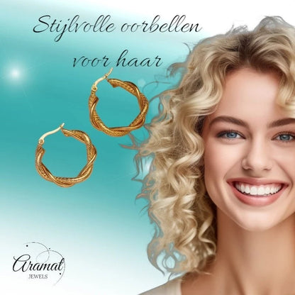 RVS Oorringen Goudkleurig – 30mm – Gedraaid & Ruitmotief - oor6318 - 528903 - Oorringen kopen# - 30mm - alles - cadeau