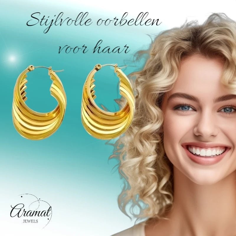 RVS Oorringen Goudkleurig – 37mm – 6 - in - 1 Vierkante Hoepels - oor6319 - 69937 - Oorringen kopen# - 37mm - alles - cadeau