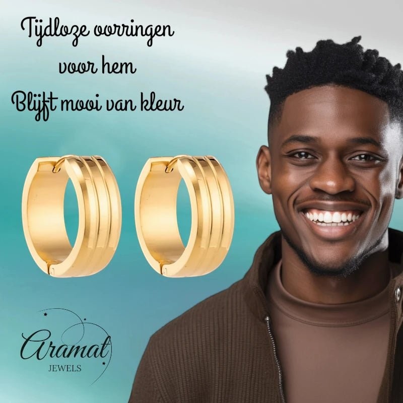 Rvs Oorringen met Dubbele Strepen goudkleur - Aramat Jewels - Oorringen - cadeautip
