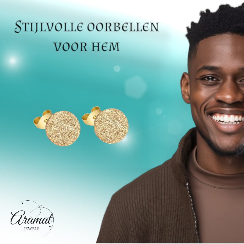 RVS Oorstekers Goudkleur Sandblasted 6mm - Matte Studs - Aramat Jewels - Oorbellen - cadeautip