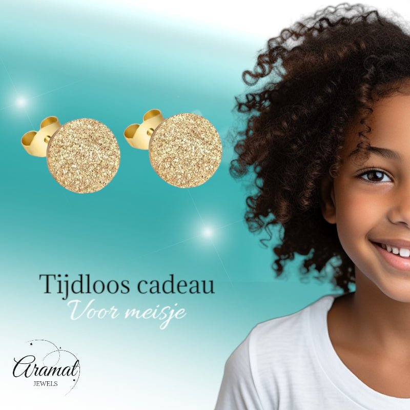 RVS Oorstekers Goudkleur Sandblasted 6mm - Matte Studs - Aramat Jewels - Oorbellen - cadeautip