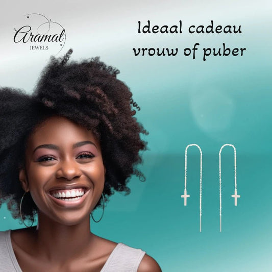 RVS Rosékleurige doortrek oorbellen met kruis - oor240 - Oorbellen kopen# - 8cm - alles - cadeau