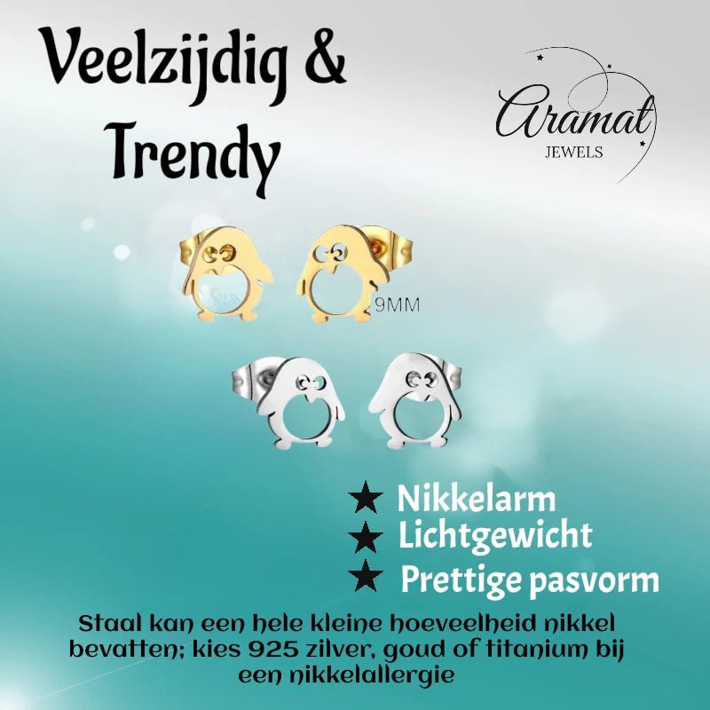 Schattige Stalen Pinguïn Oorstekers - Aramat Jewels - Oorbellen - cadeautip