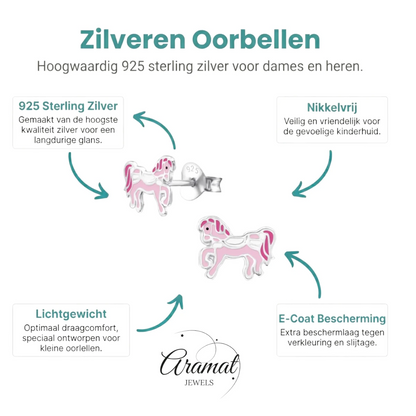 Schattige Zilveren Paarden Oorbellen – Roze Emaille – 9x7mm - Aramat Jewels - Oorbellen - cadeautip