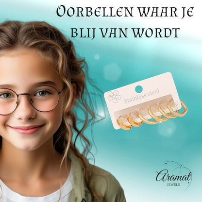 Stainless steel oorringenset – goudkleurig – 2x rond + 1x zeshoekig – 3 paar - set21 - 539677 - Oorringen kopen# - alles - cadeau - dames