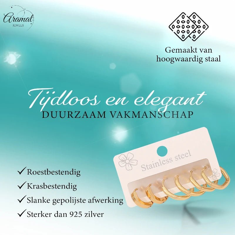 Stainless steel oorringenset – goudkleurig – 2x rond + 1x zeshoekig – 3 paar - set21 - 539677 - Oorringen kopen# - alles - cadeau - dames