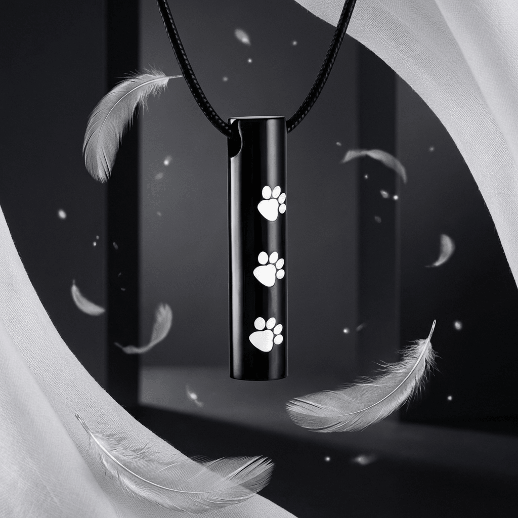 Stalen Ashanger Buis Zwart met Witte Pootafdrukken 3,4cm - Aramat Jewels - Gedenkhangers - cadeautip