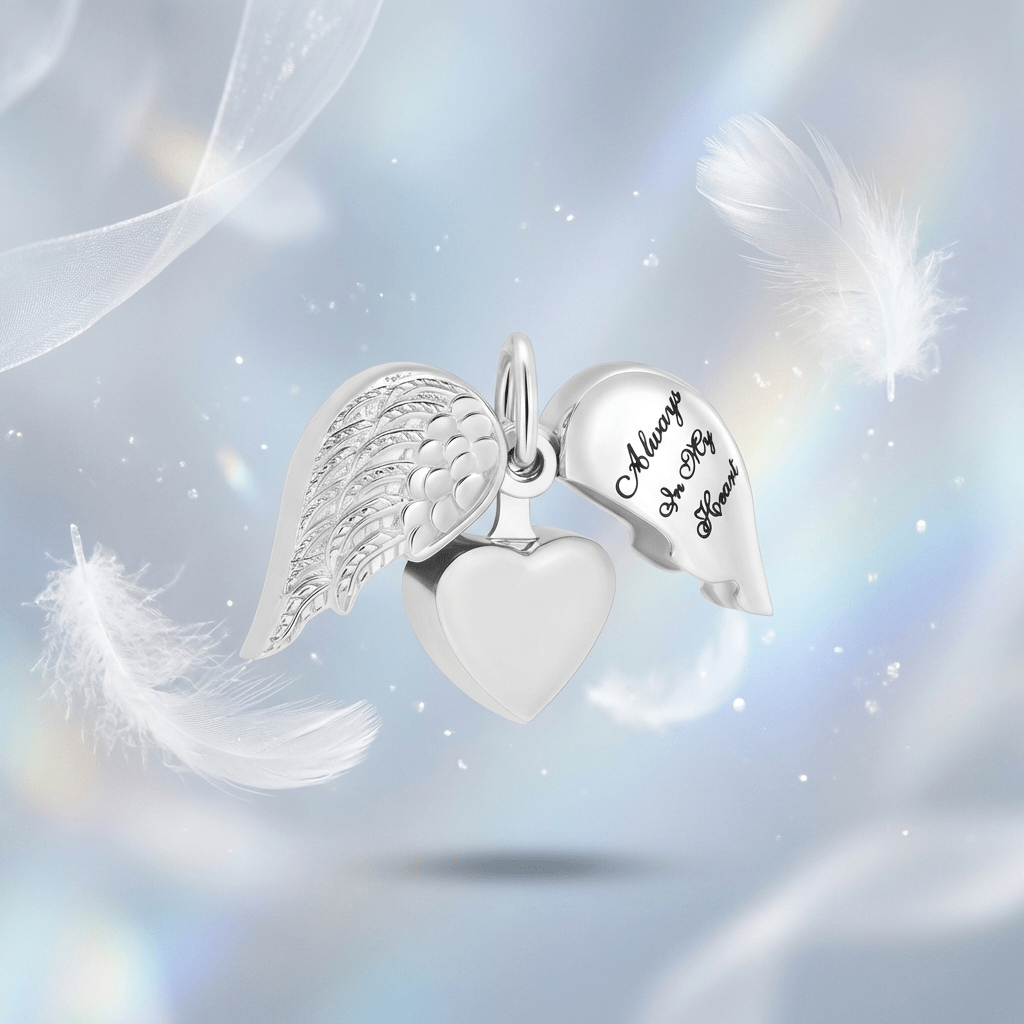 Stalen Ashanger Hart met Beweegbare Engelenvleugel 25x20mm - Aramat Jewels - Gedenkhangers - cadeautip