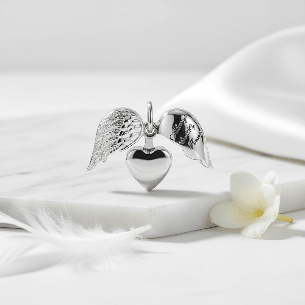 Stalen Ashanger Hart met Beweegbare Engelenvleugel 25x20mm - Aramat Jewels - Gedenkhangers - cadeautip