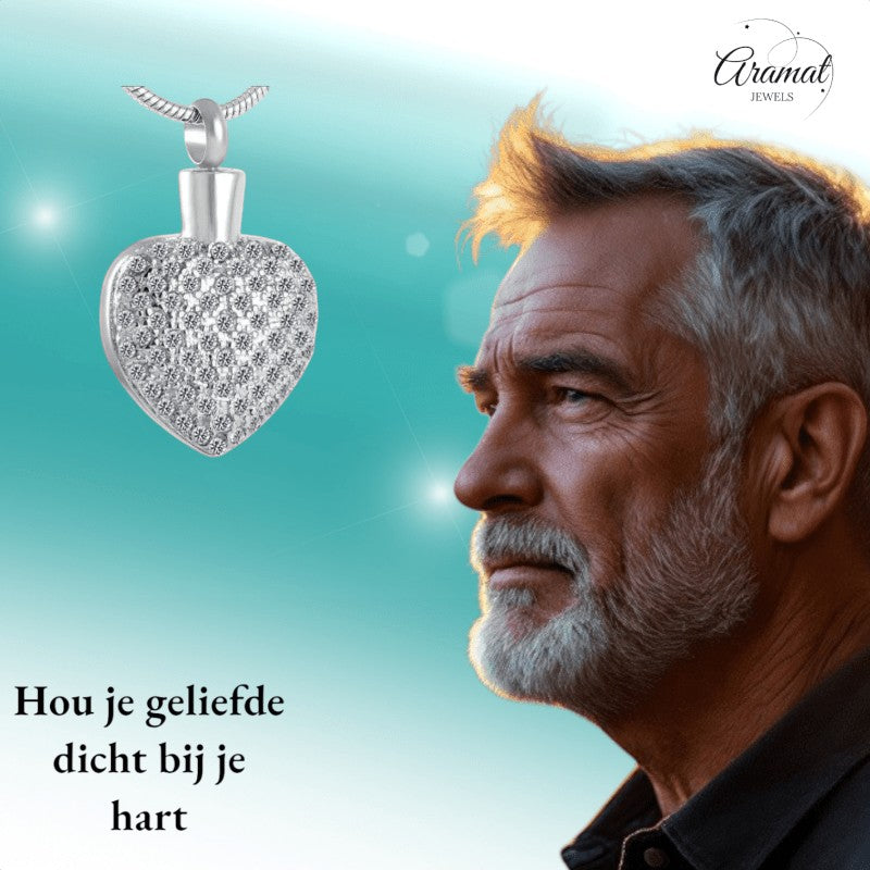 Stalen Ashanger Hart met Zirkonia Steentjes - hang270 - 8553 - Gedenkhangers kopen# - 33mm - alles - ashangers