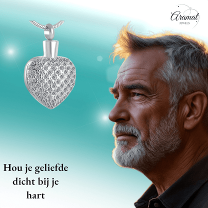 Stalen Ashanger Hart met Zirkonia Steentjes - hang270 - 8553 - Gedenkhangers kopen# - 33mm - alles - ashangers