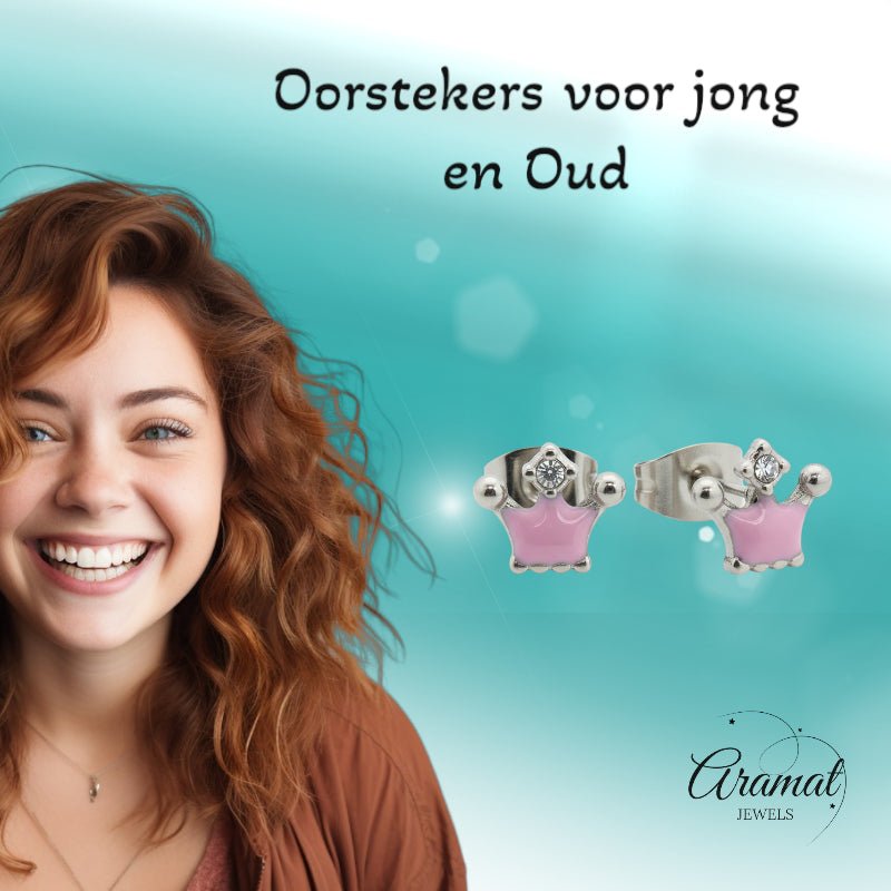 Stalen Emaille oorbellen kroontje met steentje - Aramat Jewels - Oorbellen - cadeautip