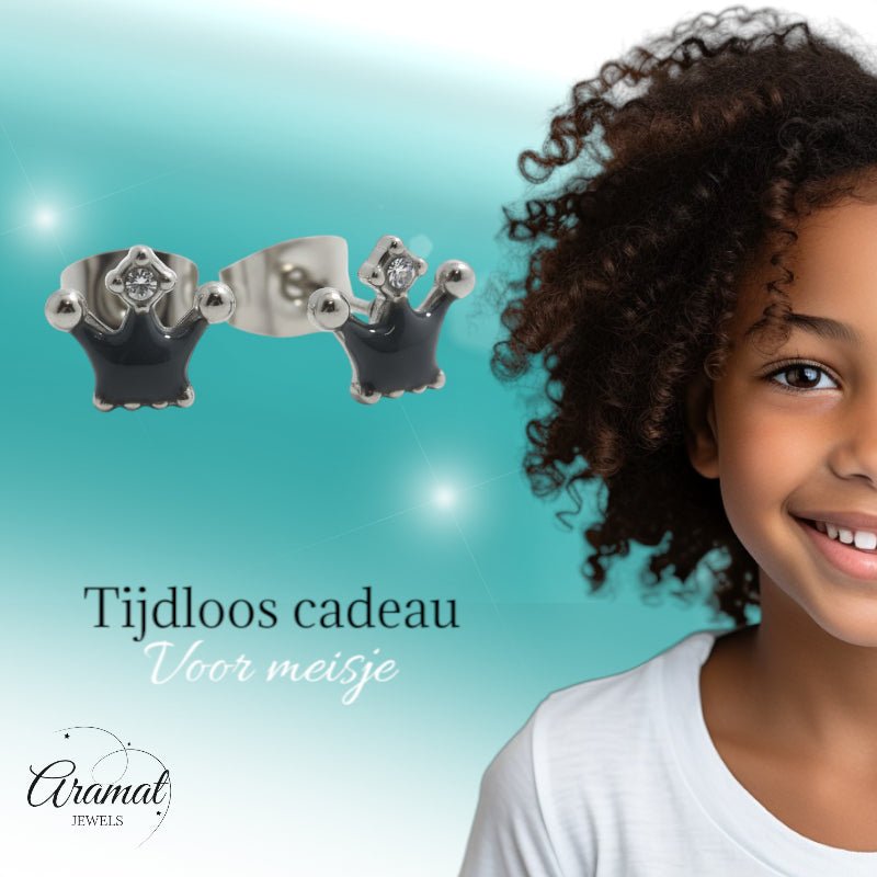 Stalen Emaille oorbellen kroontje met steentje - Aramat Jewels - Oorbellen - cadeautip