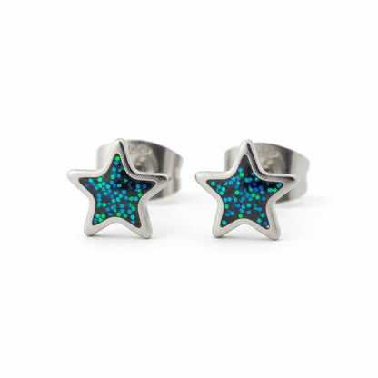 Stalen Emaille oorbellen ster met glitters - Aramat Jewels - Oorbellen - cadeautip
