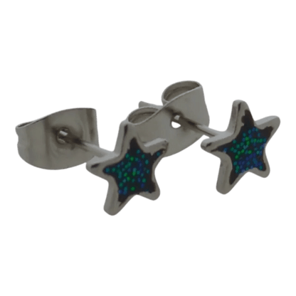 Stervormige oorbellen van roestvrij staal met blauwgroene glitterinlay.