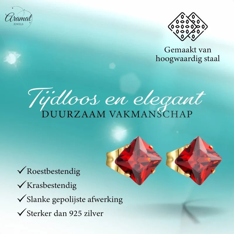 Rode vierkante oorbellen.