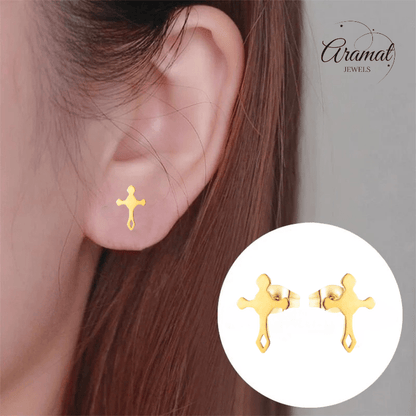 Stalen Hartjes Oorbellen met kruisje – Goudkleur – 11x7mm - Aramat Jewels - Oorbellen - cadeautip