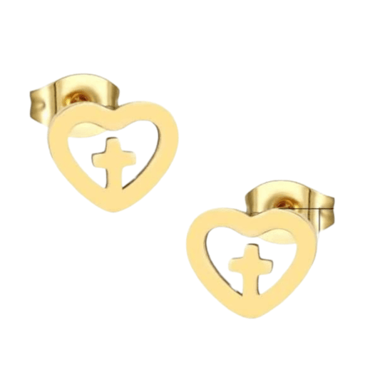 Stalen Hartjes Oorbellen met kruisje – Goudkleur – 9mm - Aramat Jewels - Oorbellen - cadeautip