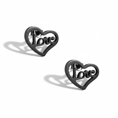 Stalen hartjes oorbellen zwart 9mm RVS, open hartje met love tekst, hypoallergeen oorstekers voor dames en kinderen