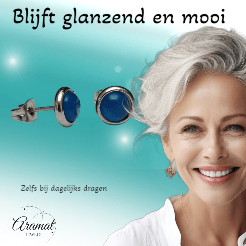 Stalen Kattenoog Oorbellen 8mm – Donkerblauw - Aramat Jewels - Oorbellen - cadeautip