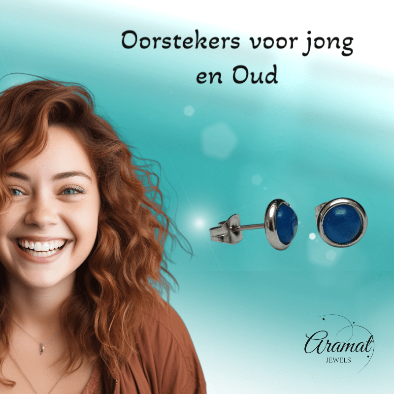 Stalen Kattenoog Oorbellen 8mm – Donkerblauw - Aramat Jewels - Oorbellen - cadeautip