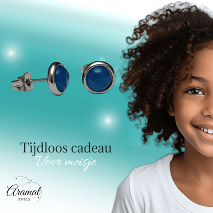 Stalen Kattenoog Oorbellen 8mm – Donkerblauw - Aramat Jewels - Oorbellen - cadeautip