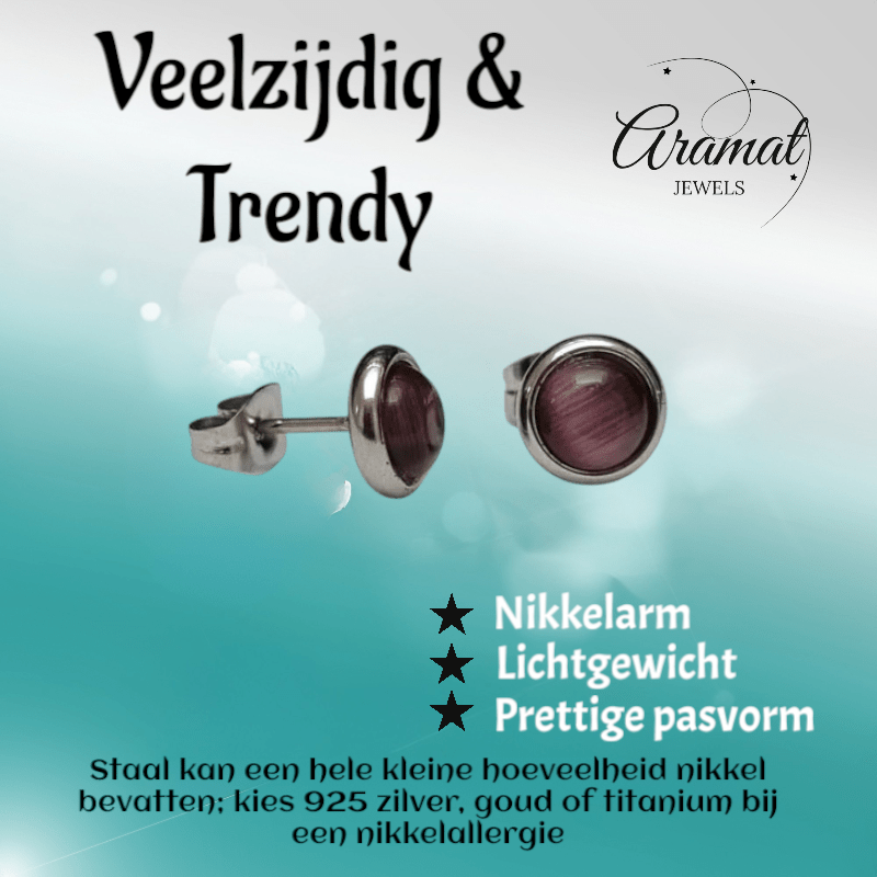 Stalen Kattenoog Oorbellen 8mm – Paars - Aramat Jewels - Oorbellen - cadeautip