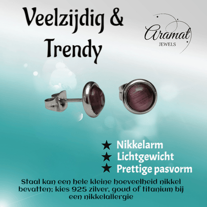 Stalen Kattenoog Oorbellen 8mm – Paars - Aramat Jewels - Oorbellen - cadeautip