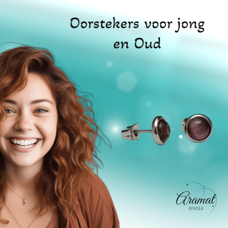 Stalen Kattenoog Oorbellen 8mm – Paars - Aramat Jewels - Oorbellen - cadeautip