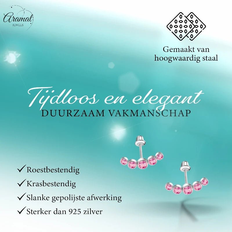 Stalen Kinder Oorbellen - Bar met 5 Roze Zirkonia Steentjes - Schroefsluiting - 14x5mm - oor6266 - 72433 - Oorbellen kopen# - 14mm - alles