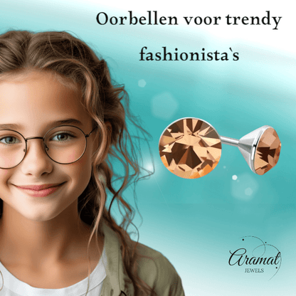 Stalen Kristal Oorbellen met champagnekleurig steentje – Zilverkleur – 4mm - Aramat Jewels - Oorbellen - cadeautip