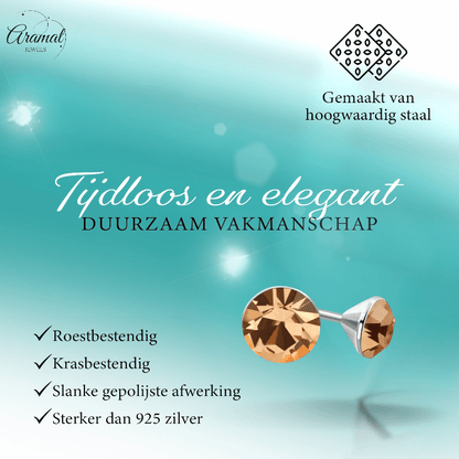 Stalen Kristal Oorbellen met champagnekleurig steentje – Zilverkleur – 4mm - Aramat Jewels - Oorbellen - cadeautip