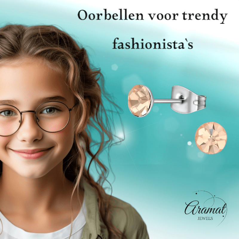 Stalen Kristal Oorbellen met champagnekleurig steentje – Zilverkleur – 5mm - Aramat Jewels - Oorbellen - cadeautip