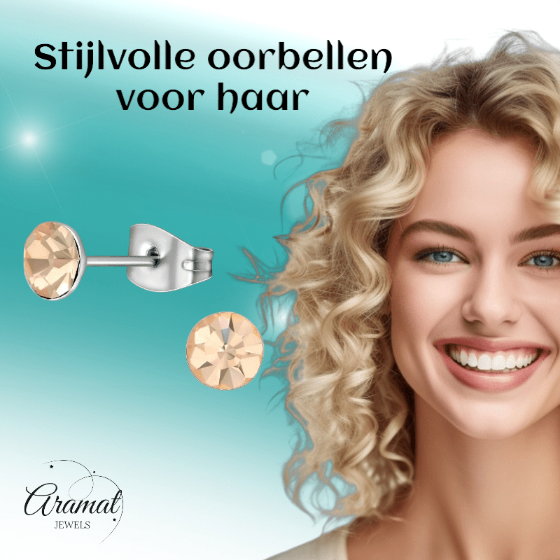 Stalen Kristal Oorbellen met champagnekleurig steentje – Zilverkleur – 5mm - Aramat Jewels - Oorbellen - cadeautip