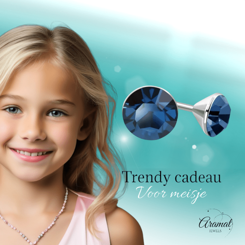 Stalen Kristal Oorbellen met denimblauw steentje – Zilverkleur – 3mm - Aramat Jewels - Oorbellen - cadeautip