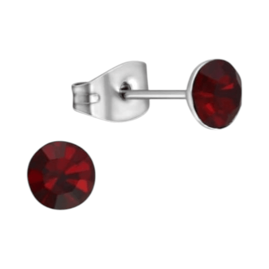 Stalen Kristal Oorbellen met donkerrood steentje – Zilverkleur – 5mm - Aramat Jewels - Oorbellen - cadeautip