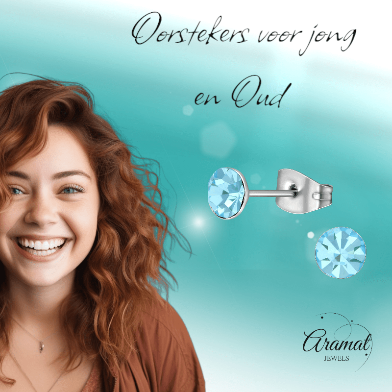 Stalen Kristal Oorbellen met lichtblauw steentje – Zilverkleur – 5mm - Aramat Jewels - Oorbellen - cadeautip