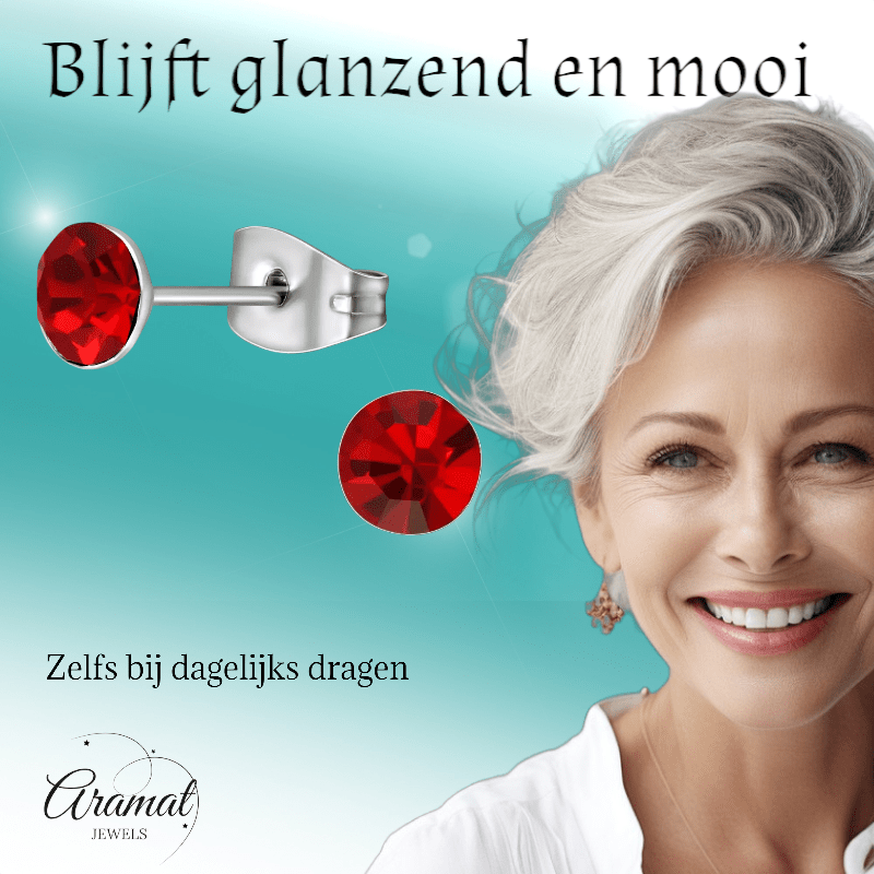 Stalen Kristal Oorbellen met lichtrode steentjes – Zilverkleur – 5mm - Aramat Jewels - Oorbellen - cadeautip