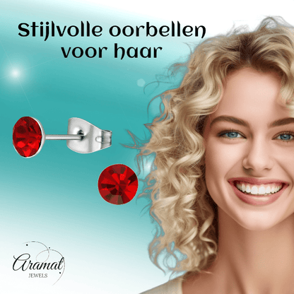Stalen Kristal Oorbellen met lichtrode steentjes – Zilverkleur – 5mm - Aramat Jewels - Oorbellen - cadeautip
