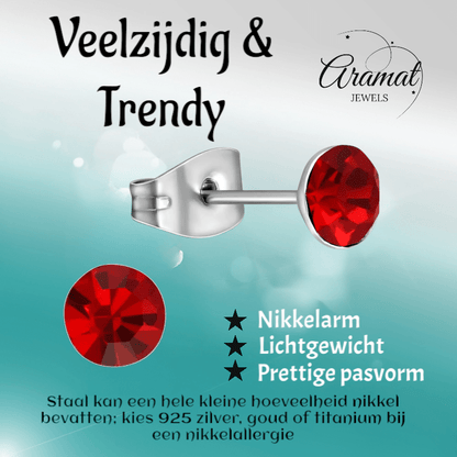 Stalen Kristal Oorbellen met lichtrode steentjes – Zilverkleur – 5mm - Aramat Jewels - Oorbellen - cadeautip