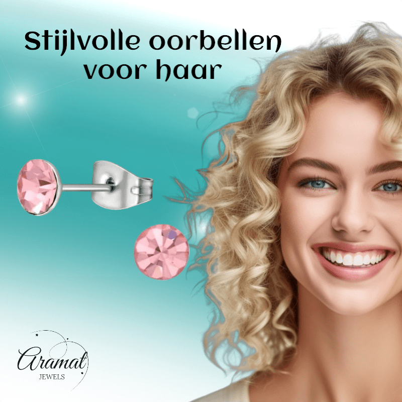 Stalen Kristal Oorbellen met lichtroze steentje – Zilverkleur – 5mm - Aramat Jewels - Oorbellen - cadeautip