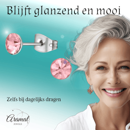 Stalen Kristal Oorbellen met lichtroze steentje – Zilverkleur – 5mm - Aramat Jewels - Oorbellen - cadeautip