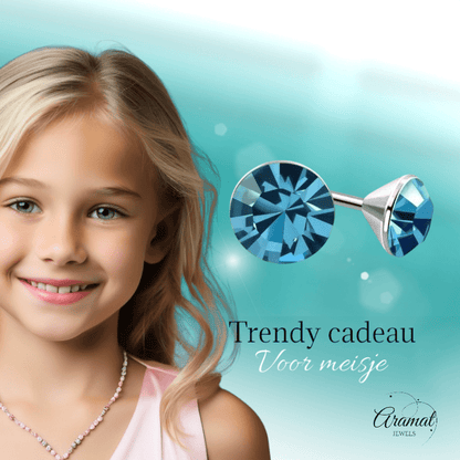 Stalen Kristal Oorbellen met saffierblauw steentje – Zilverkleur – 3mm - Aramat Jewels - Oorbellen - cadeautip