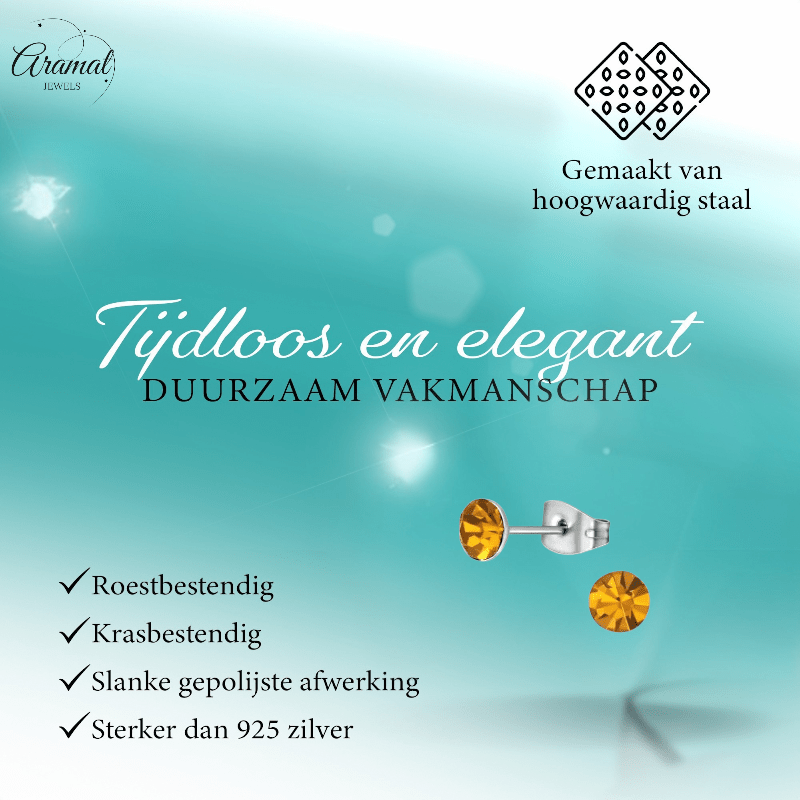 Stalen Kristal Oorbellen met topaas oranje steentje – Zilverkleur – 5mm - Aramat Jewels - Oorbellen - cadeautip