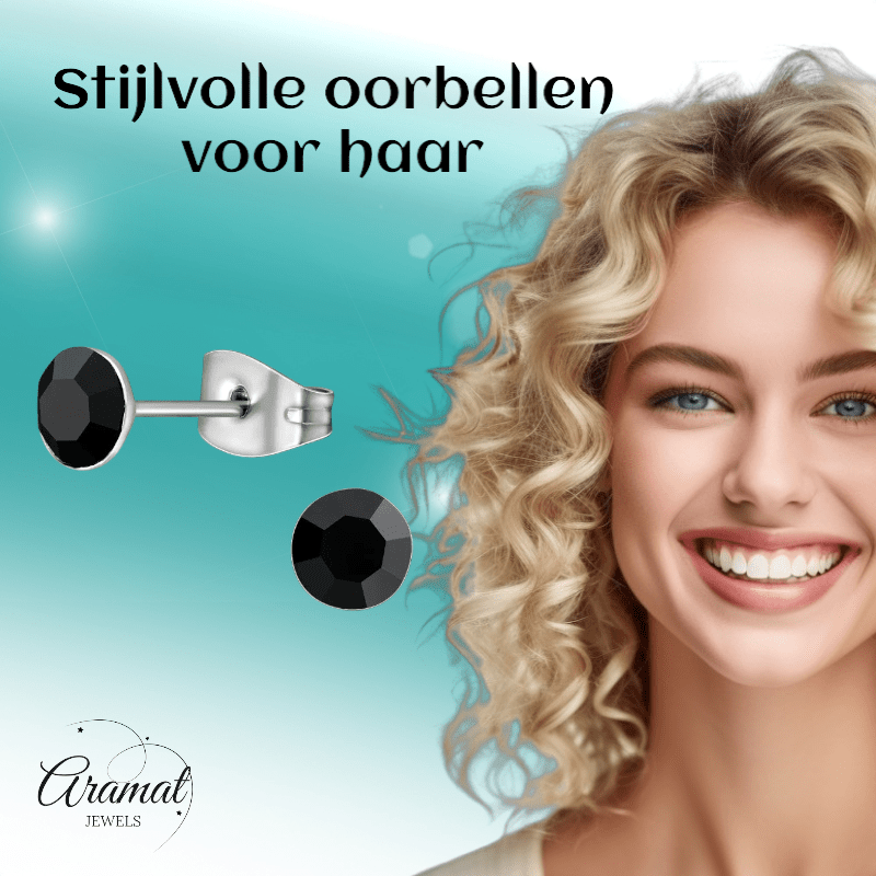 Stalen Kristal Oorbellen met zwart steentje – Zilverkleur – 5mm - Aramat Jewels - Oorbellen - cadeautip